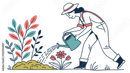 Flat Illustration Gardener Watering Flower and Plant With Watering Can