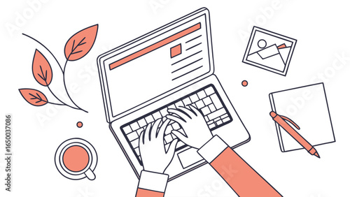 Line Art Person Typing on Laptop With Workspace Elements Illustration