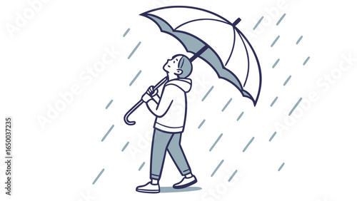 Minimalist Line Art Man with Umbrella in Rain Illustration Graphic