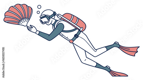Minimalist Line Art Diver Holding Giant Shell Undersea Adventure Illustration
