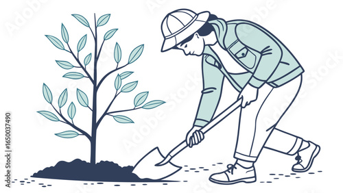 Minimalist Lineart Man Planting Tree Illustration for Environmental Awareness