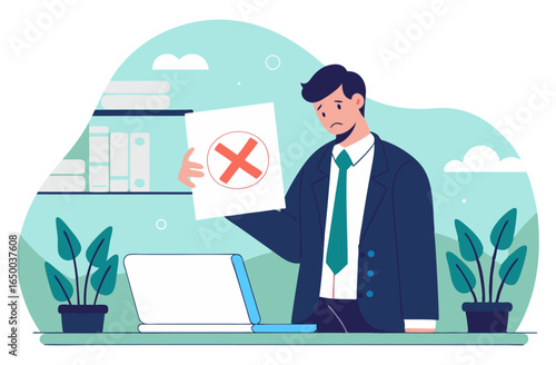 Man rejected at desk, looking sad. Document with red cross.