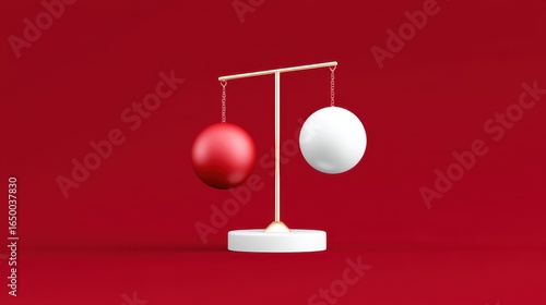 Balance concept with red and white spheres on a scale against a vibrant backdrop.
