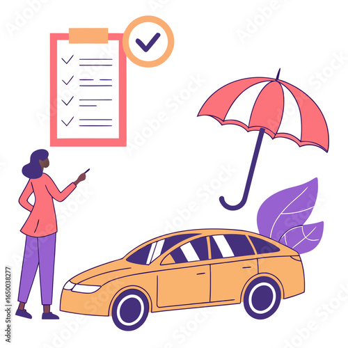 Woman pointing at checklist near car and umbrella vector