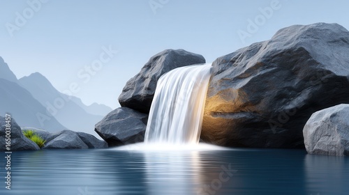 A serene, flowing waterfall cascading over smooth rocks.