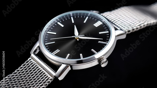 Elegant silver watch with a sleek black dial and mesh bracelet design.