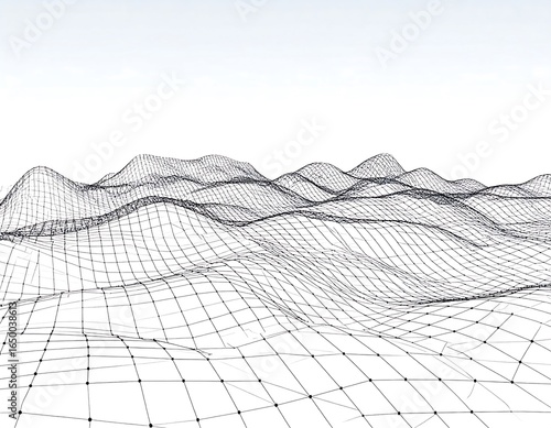 Abstract geometric landscape on a white background with wireframe terrain