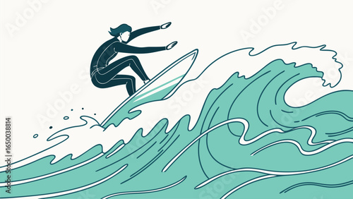 Line Art Surfer Riding Big Wave Ocean Sea Illustration