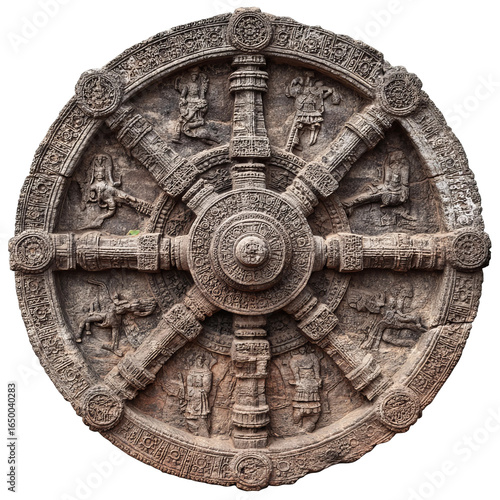 Wheel of Time: The intricate stone carving of a wheel, symbolic of cyclical nature and cultural heritage. It shows a detailed artwork with a rich history.