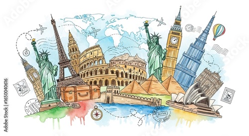 World landmarks in a colorful watercolor illustration.