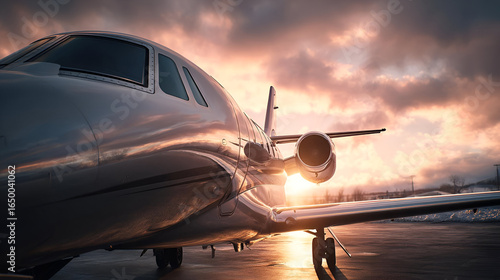 Silver Private Jet at Sunset on Airport Tarmac