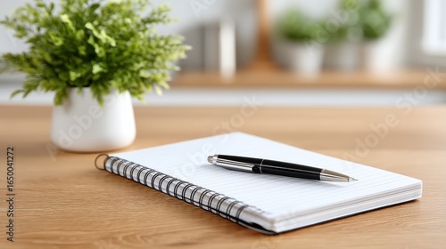 Elegant workspace with a notepad and pen, showcasing minimalism and productivity.