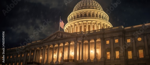 a grand classical building, a magnificent dome, ornate architecture, intricate details, dramatic lighting, nighttime, imposing, majestic, powerful, awe-inspiring, neoclassical, historic, government bu
