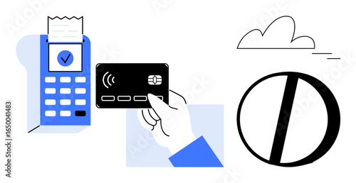 Card reader with receipt, a hand holding a credit card, and a prohibited icon. Ideal for finance, payment, e-commerce, technology, cashless trend security business concept. Simple flat metaphor