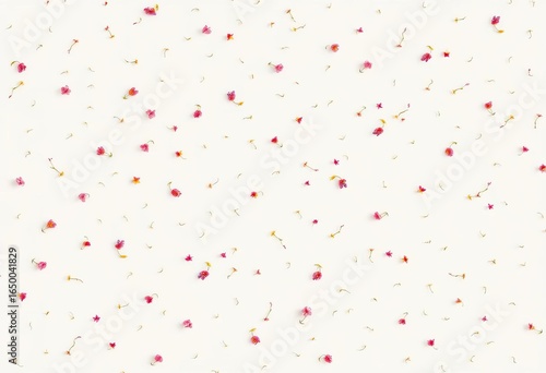Delicate white background with tiny scattered floral sprigs in a romantic, seamless repeat, coquette, subtle