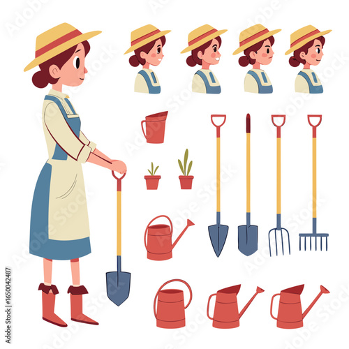 Cartoon farmer girl with gardening tools vector