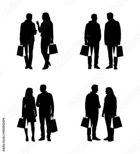 set of silhouettes of people carrying shopping bags, isolated background