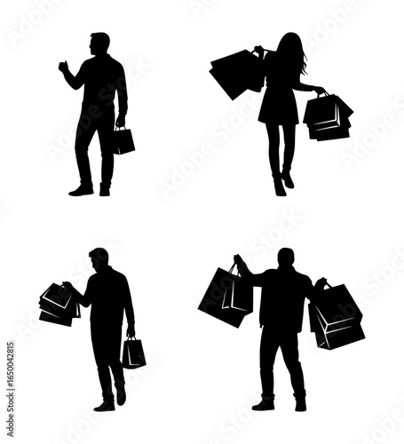 set of silhouettes of people carrying shopping bags, isolated background