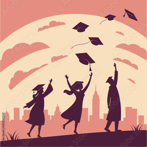 Graduates tossing caps at sunset graduation skyline