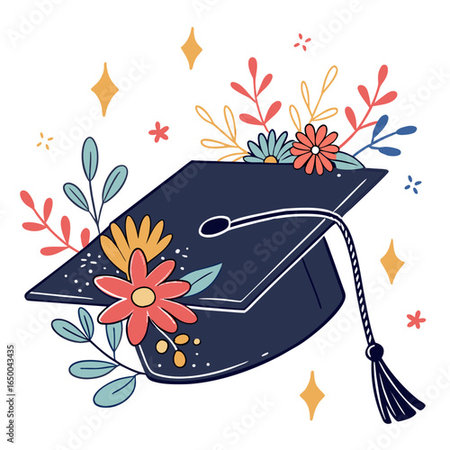 Graduation cap with flowers and leaves floral academic