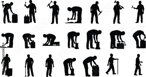 Construction worker silhouettes with hammer, tools, labor poses, working actions, industrial jobs, building tasks, black vector illustration, isolated design
