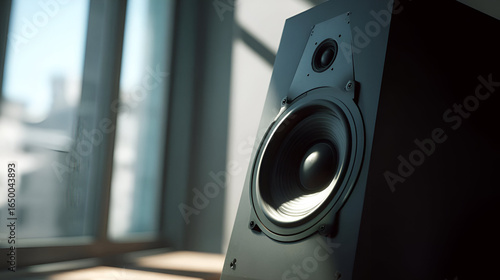 Black Rectangular Speaker on Wooden Surface Near Window