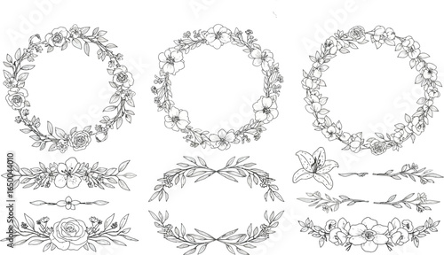 Collection of floral frames with silhouettes of branches, leaves and flowers. Hand drawn elegant delicate botanical borders and wreaths. Vector isolated elements for wedding invitation, card, logo