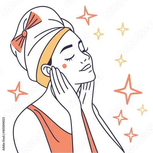 Woman pampering face with towel and stars self care