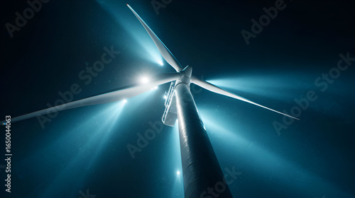Rotating Wind Turbine at Night with Blue Light Beams