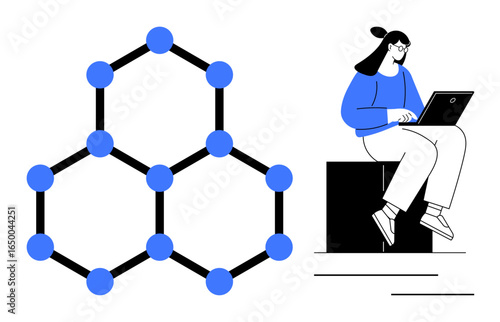 Woman in casual attire engaged with a laptop beside a molecular structure diagram representing connections and systems. Ideal for technology, research, science, data, education, teamwork, innovation