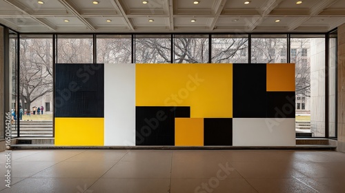 Large Geometric Wall Painting With Yellow Black And White Colors
