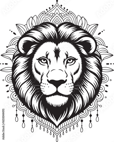 Black and white ornamental lion head mandala illustration lions face