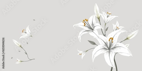 Elegant hand-drawn white lily floral pattern on gray ,  plant,  simple