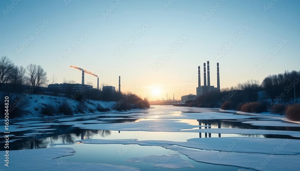 Obraz premium Frozen river reflects industrial smokestacks under clear winter sky, urban, frigid