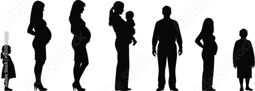 silhouette of family members including pregnant women, children, father, and mother with baby, family stages, parenthood, black isolated illustration