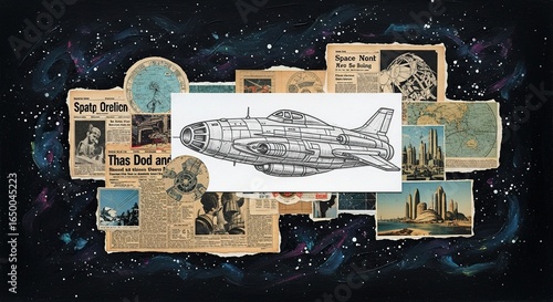 Vintage-inspired collage featuring a graphic illustration of a futuristic aircraft.