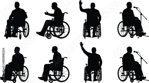 Silhouette of man in wheelchair in different poses, speaking at microphone, waving hand, disabled person mobility concept, vector illustration