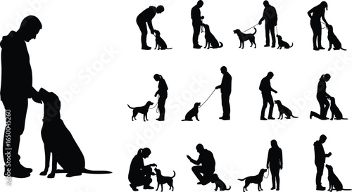 silhouette of people training dogs in various poses, obedience commands, pet care, walking, sitting, leash control, black isolated illustration