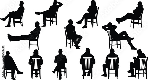 Silhouette people sitting on chairs in different poses, relaxing, thinking, waiting, reading, black silhouette collection, vector illustration design
