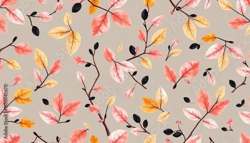 Rustic vintage watercolor seamless pattern featuring cute pink, peach, yellow, and black leaves and twigs,  seamless,  charming