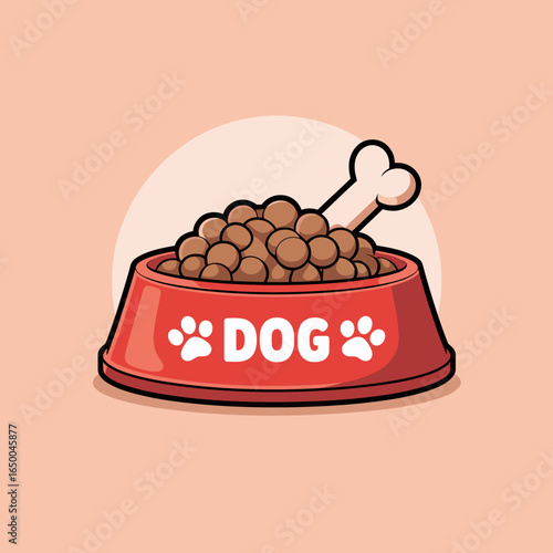 A red dog food bowl brimming with food, topped with a bone, illustrates the joy of feeding a pet. This scene highlights essential pet care aspects and love for animals.