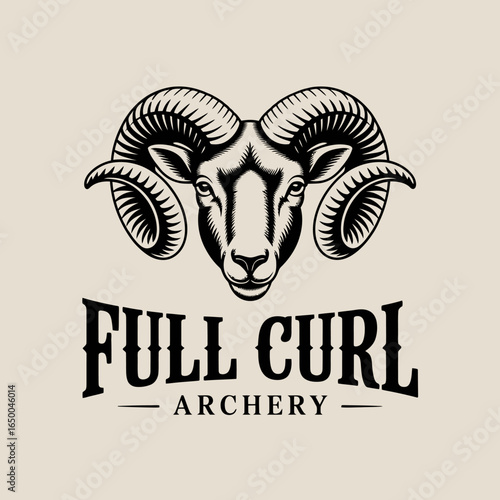 This striking black and white logo features a detailed ram's head with curled horns, symbolizing strength and focus, perfect for an archery-themed brand.