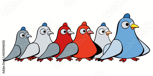 Collection of funny cartoon cute ,happy clip art colorful  pigeons in white background vector illustration.
