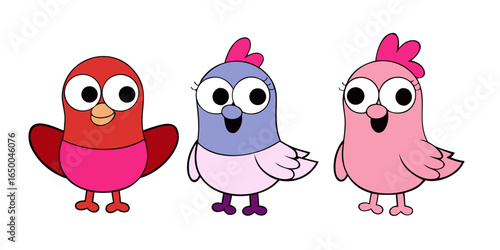 Collection of funny cartoon cute ,happy clip art pigeons in white background vector illustration.
