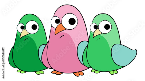 Collection of funny cartoon cute ,happy, colorful clip art pink green pigeons in white background vector illustration.