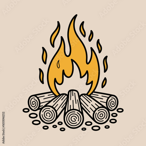 A vibrant campfire burns brightly, surrounded by neatly arranged logs, exuding warmth, adventure, and the spirit of outdoor gatherings under a serene night sky.