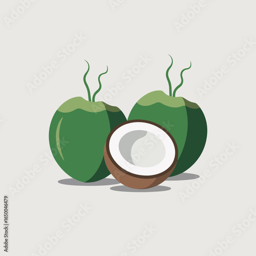 These fresh green coconuts show one split open, revealing the white flesh inside, exemplifying nature's refreshing drink option and the richness of tropical fruit.
