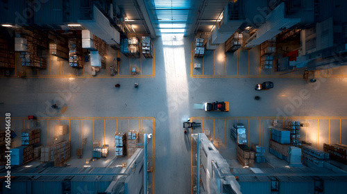 Aerial View of a Well Lit Industrial Warehouse at Night