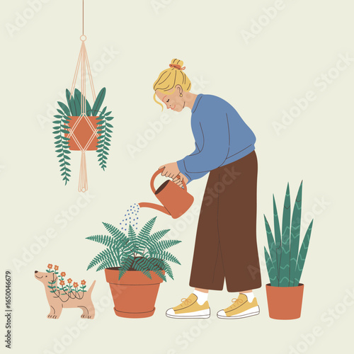 A cheerful woman waters her indoor plants while a cute puppy plays nearby, emphasizing harmony with nature and the joy of nurturing both plants and animals at home.