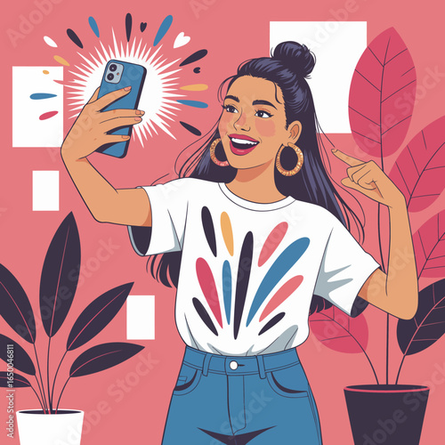 A vibrant illustration of an energized young woman taking a selfie, embodying the essence of joy, self-expression, and modern communication against a colorful background.